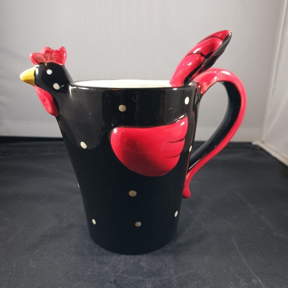 Vintage Chicken Rooster Black Red Mug + Spoon
